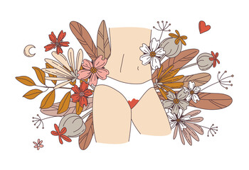 Women body. Woman wearing white panties. First menstruation. Floral background