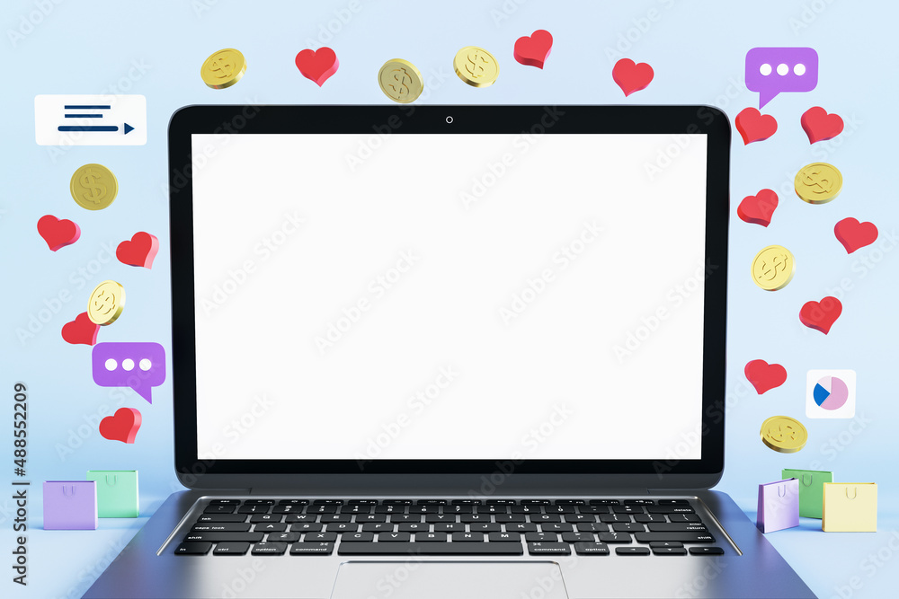 Poster Close up of empty white mock up laptop screen with online shopping icons. Ecommerce and buy concept. 3D Rendering.