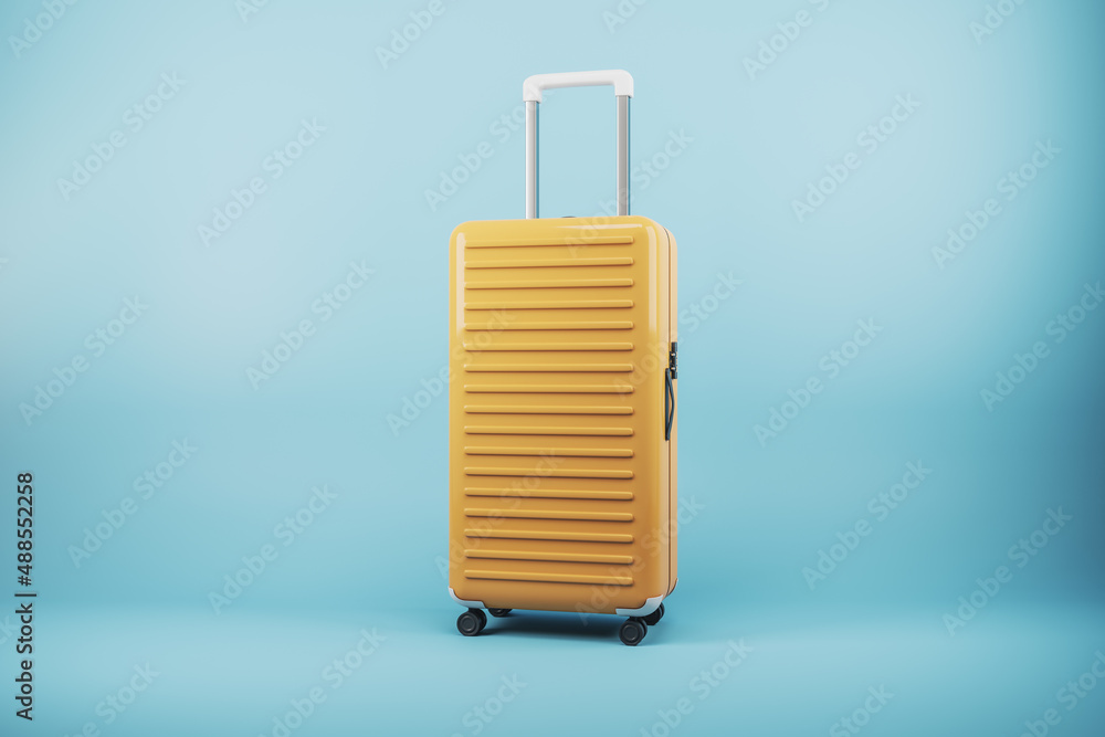 Poster modern suitcase on blue background with mock up place. luggage, bag and airplane concept. 3d renderi