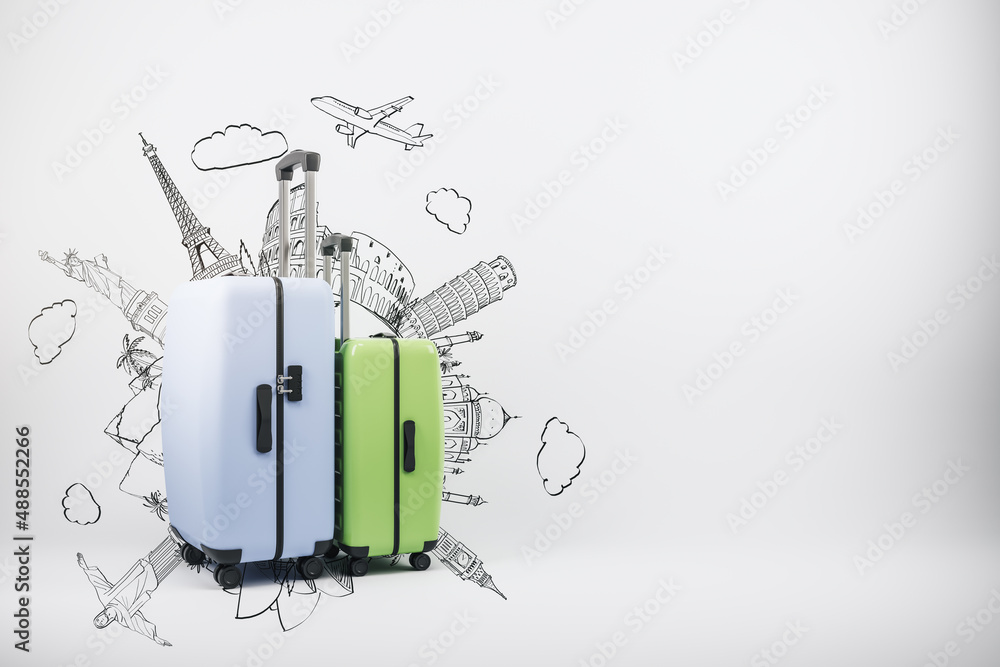 Poster Suitcase on white background with mock up place and sketch. Luggage, bag and airplane concept. 3D Rendering.