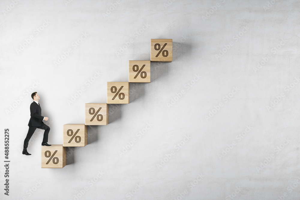 Aufkleber businessman walking on abstract growing interest rate with arrow on concrete background with mock up