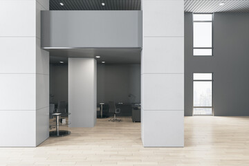 Bright empty office interior with wooden flooring and windows and city view. 3D Rendering.