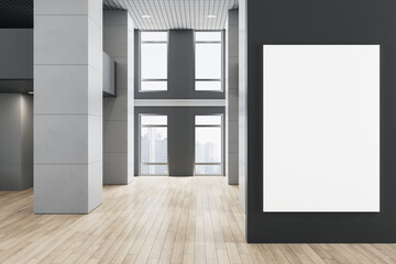 Modern empty office interior with empty mock up poster on concrete wall, wooden flooring and windows and city view. 3D Rendering.