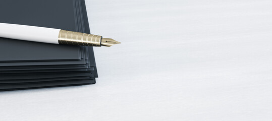 Close up of fountain pen on pile of paperwork on wooden desktop with mock u place. Luxury a,d...