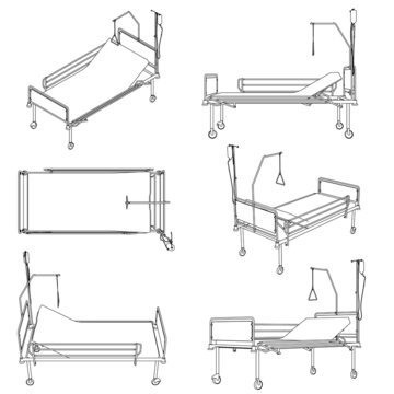 Set With Contours Of A Hospital Bed With A Dropper From Black Lines Isolated On A White Background. Side View, Top View, Isometric. Vector Illustration