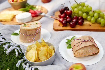 leisure, food and eating concept - close up of sandwich and snacks on picnic blanket in summer garden