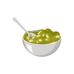 Metal bowl of green olives with with fish inside and spoon. Greek traditional food. Vector flat illustration