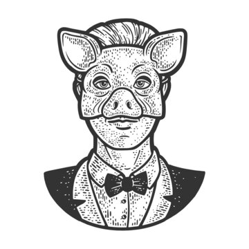 man in pig mask sketch engraving raster illustration. T-shirt apparel print design. Scratch board imitation. Black and white hand drawn image.