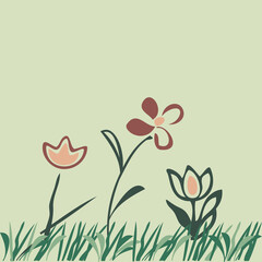 Simple three tulip flowers and green grass isolated on white background. Botanical doodle, drawing floral pattern silhouette Vector illustration