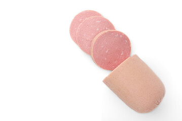 Boiled sausage with bacon isolated on white background.