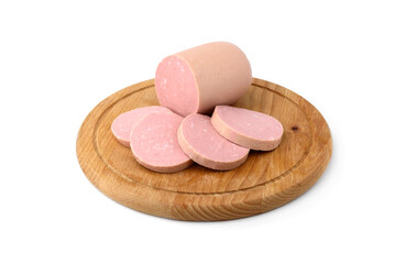 Boiled sausage with bacon on wooden board isolated on white background.