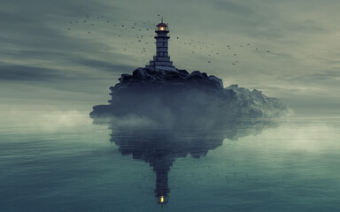Lighthouse on the rocks on the ocean. Dramatic foggy landscape
