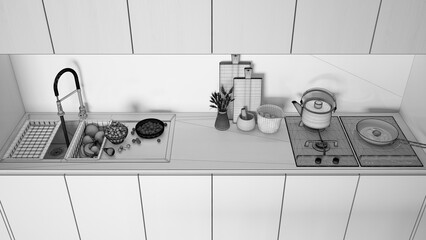 Fototapeta na wymiar Unfinished project, modern kitchen, sink with fruit, hob with pot, fried egg in a pan. Vase with spikes, wooden cutting boards. Top view, above with copy space, interior design