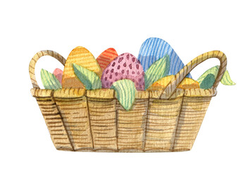Fototapeta na wymiar Wicker basket with Easter eggs and leaves hand drawn watercolor illustration.