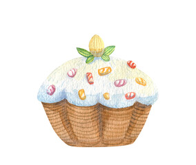 Easter cake watercolor illustration. Hand drawn cake with icing and decorations on white background.