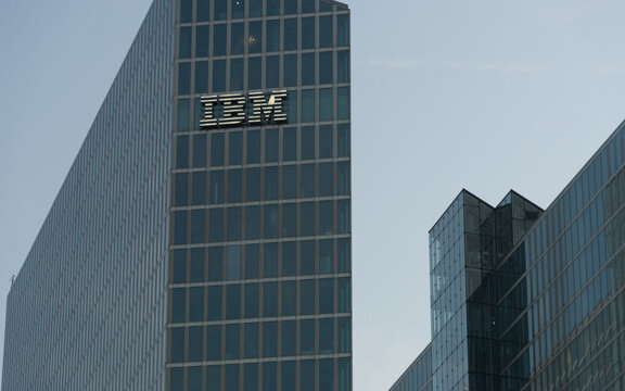Mannheim, Germany – Sept. 13, 2020: closeup of the modern steel and glass construction of the IBM business building with logo at the Rhein-Neckar-harbor
