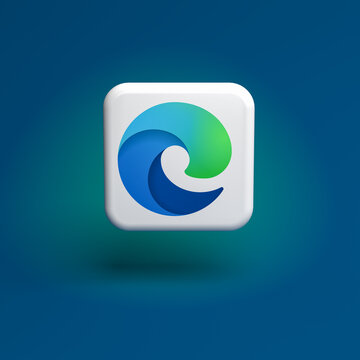 Logo of the Microsoft browser Edge app on a tile hovering over a seamless blue green background
