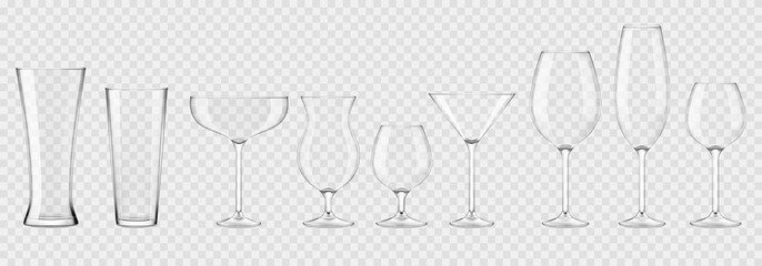 Set of empty glasses, wine and cognac glasses, isolated.