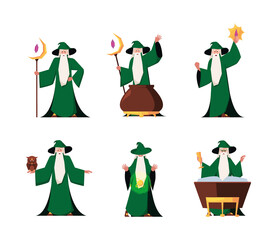 Magician character. Fantasy old wizard with magic stuff medieval fabulous fairytale sorcerer man garish vector cartoon person