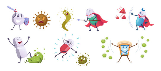 Antibiotic fight characters. Virus funny symbols healthy protection concept illustration of antibiotic damaged bacterias care pills exact vector cartoon illustration set - obrazy, fototapety, plakaty