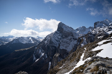 snowy peaks in the mountains in winter in Picos de Europa National Park