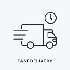 Fast delivery line icon. Vector illustration of van and clock. Black outline pictogram for courier service