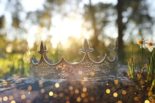 mysterious and magical photo of silver king crown in the woods over stone. Medieval period concept.