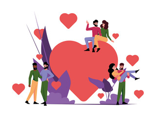 Valentine day background. Happy couples walking together going to romantic date garish vector lovers in cartoon background