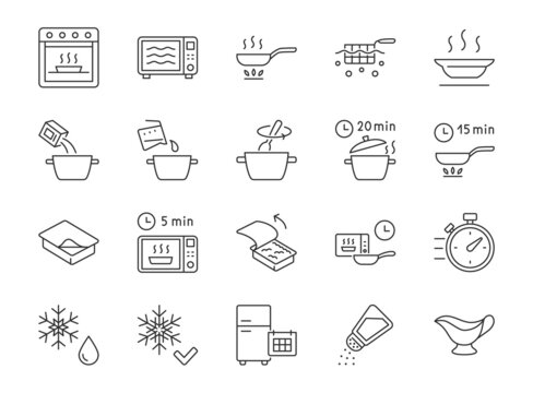 Ready to eat food package line icons. Vector outline illustration with icon - microwave oven, salt shaker, boil, bake, vent tray. Pictogram for semifinished meal prepare instruction. Editable Stroke