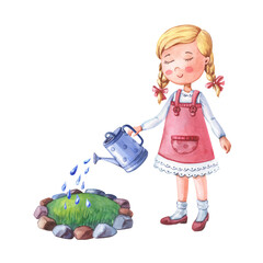 Watercolor girl with a watering can is watering a flower bed.