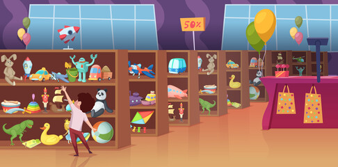 Toy store. Interior of game store for kids happy children select different toys present shelves soft animals robots transport bricks exact vector cartoon background