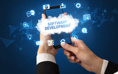 Hand using smartphone with cloud technology concept