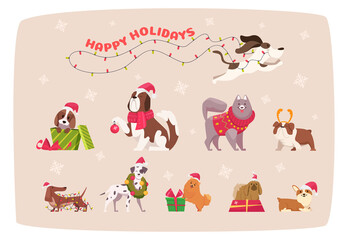 Funny christmas dogs. Cute puppy in winter clothes animals in scarf and sweater exact vector cartoon illustration set