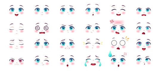 Anime expressions. Kawaii cute faces with eyes lips and nose cartoon anatomy smiling manga girls exact vector pictures set isolated