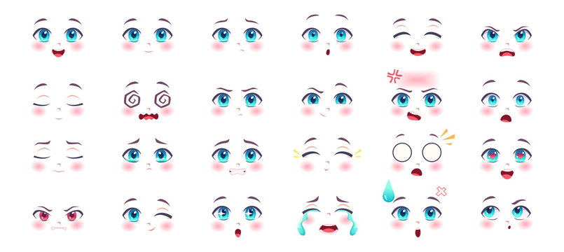 Anime expressions. Kawaii cute faces with eyes lips and nose cartoon anatomy smiling manga girls exact vector pictures set isolated