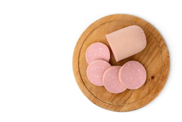Boiled sausage with bacon on wooden board isolated on white background.