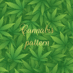 Vector green seamless 3d pattern with chaotic cannabis leaves.