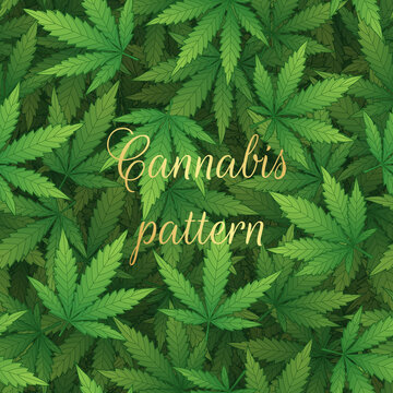 Vector dark seamless 3d pattern with chaotic cannabis leaves.