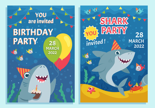 Invitation kids party. Print poster template with cute funny mascot cartoon shark and place for personal text exact vector picture set