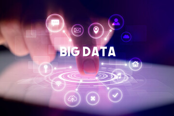 Obraz premium Finger touching tablet with web technology icons concept