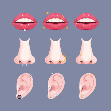 Piercing. Geometrical decorative metallic rings brackets beauty jewelry for nose ears lips body and face decoration garish vector flat templates