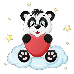 cute panda sits on a cloud and holds a heart in his hands 