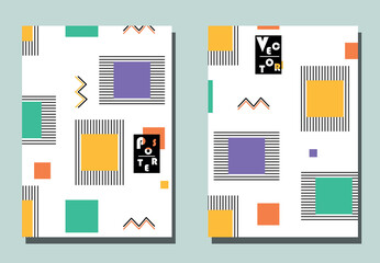 Memphis style. Trendy cover with graphic elements - abstract shapes - squares, lines, zigzags. Two vector flyers. Geometric wallpaper for business brochure, cover design.