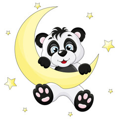 cute panda is hanging on the moon and smiling