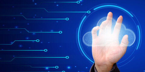 Double exposure of Establishing a link between a cloud computing service and a consumer network connection icon Online storage for cloud devices. Internet networking concept based on cloud technologie