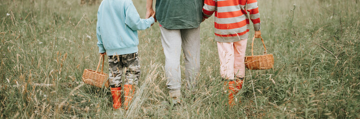 kids mushroom pickers go to the forest or woodland by the hand with their grandmother. family of survivalists gathers wild fungus harvest and outdoor foraging  in nature. rear view and behind. banner