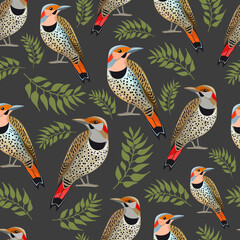 Seamless pattern with sitting birds and leaves. Northern flicker birds and sprigs with leaves isolated on dark gray background. Vector illustration. Cartoon. - obrazy, fototapety, plakaty