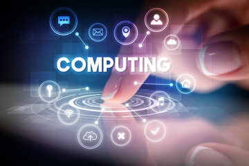 Finger touching tablet with web technology icons concept
