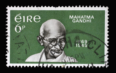 A stamp printed in Ireland shows Mahatma Gandhi 1869-1948, Birth Centenary, circa 1969