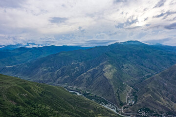 Panoramic view of the mountains from the ancient village of Goor. Russia, Dagestan 2021